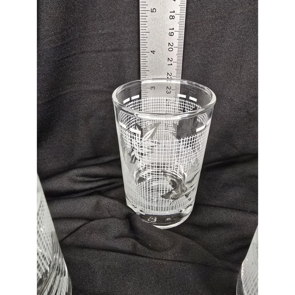 Vintage Mid Century White Frosted Leaf Grid‎ Juice Glasses Set of 4 Clear Retro